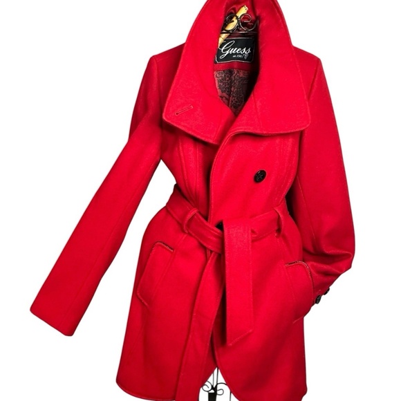 Vtg Y2K Guess Red Wool Blend Peacoat Jacket w/ Belt W Sz SM/M Winter Outerwear - Picture 1 of 16